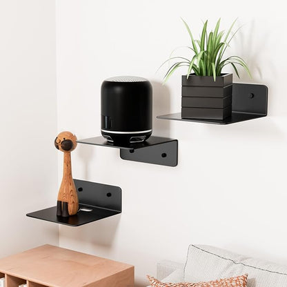 Small Wall Shelves Set of 3, 5 Inch Metal Display Ledges for Small Models, Funkos, Collectibles, Little Statues, Adhesive Floating Shelves for Bathroom, Living Room, Bedroom (Black)