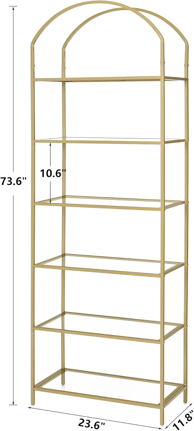 Homhedy Bookshelf Arched Display Racks,Metal Bookcase,Tempered Glass Shelves,Storage Rack Shelf for Home Office,Living Room,Bedroom, Bathroom,Modern Style (Golden, 11.8