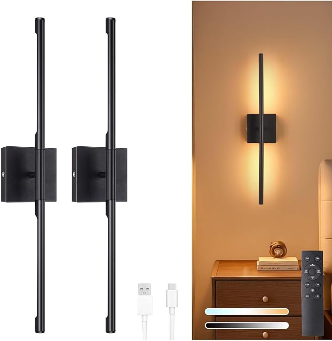 Battery Operated Wall Sconce Set of 2, 8000mAh Wireless Wall Sconces, 3000K-6000K Dimmable, 350°Rotate, Indoor Wall Lights with Remote for Bedroom Living Room Bathroom, Black, 23.6 Inch
