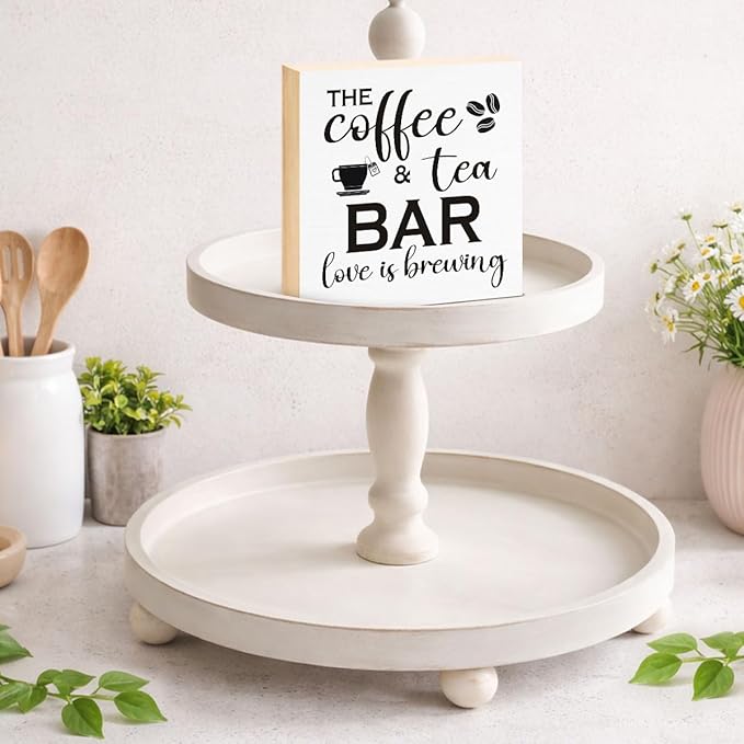 Funny Coffee and Tea Bar Decor - Coffee Lover Gift Ideas for He She - Double-sided Wood Box Sign for Home Kitchen Farmhouse Office Desk Shelf Decor