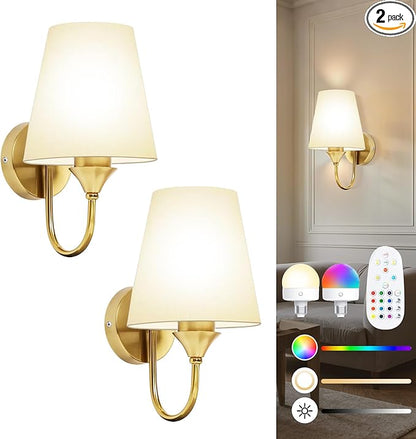 Battery Operated Wall Sconces Set of 2, Gold 10000mAh Rechargeable Dimmable LED Bulb, 15 Colors & Remote, with Fabric for Bedroom Living Room Hallway Staircase Decor