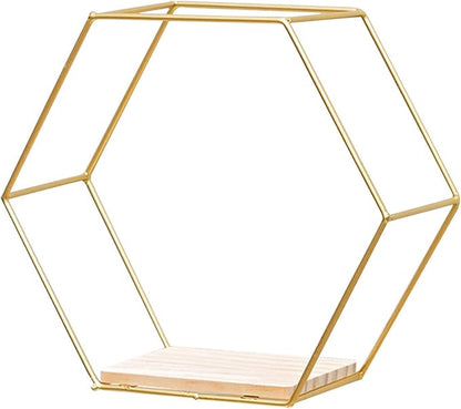 Hexagon Floating Wood Book Shelves, Iron Storage Holder Wall-Mounted Multifunctional Nordic Style Geometric Firm Hexagonal Shelf for Home Bedroom Bathroom Golden L