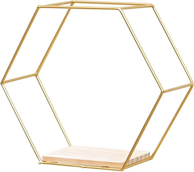 Hexagon Floating Wood Book Shelves, Iron Storage Holder Wall-Mounted Multifunctional Nordic Style Geometric Firm Hexagonal Shelf for Home Bedroom Bathroom Golden M