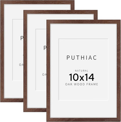 puthiac 10x14 Solid Oak Wood Picture Frame, Fits 8x10 with Mat or 10x14 Without Mat, Wall Display Only, Vertical or Horizontal, Plexi Front, 3 Pack, Walnut