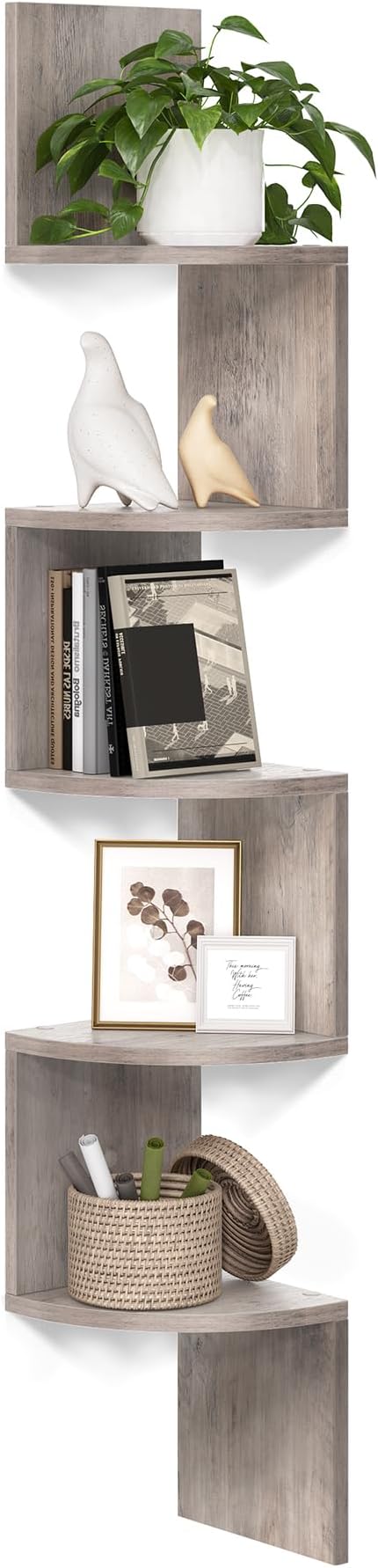 VASAGLE Corner Shelf Wall Mount, 5-Tier Floating Corner Bookshelf, Plant Shelf for Bedroom, Living Room, Bathroom, Home Office, Heather Greige