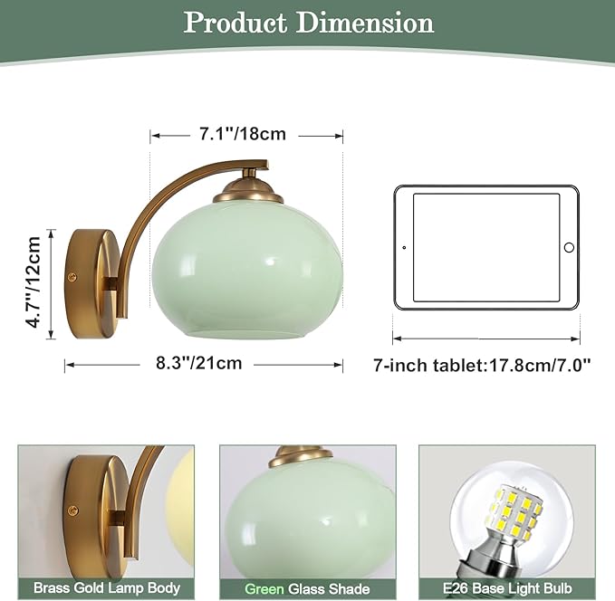 Vintage Green Glass Wall Sconce Brass Gold Wall Light Fixture Hardwired Mid Century Modern Bathroom Vanity Light Fixture