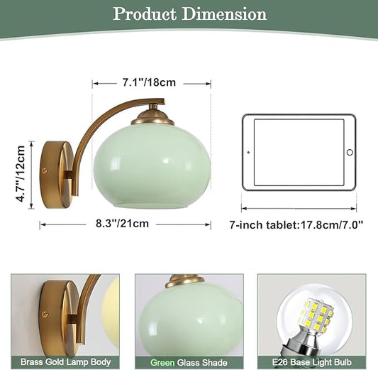Vintage Green Glass Wall Sconce Brass Gold Wall Light Fixture Hardwired Mid Century Modern Bathroom Vanity Light Fixture