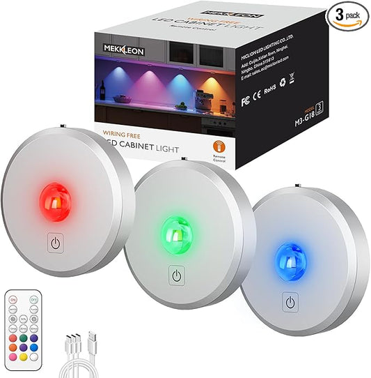 RGB Puck Lights with Remote Control, 2000mAh Battery Operated Tap Lights Rechargeable, 9 Colors & 2 Dynamic Changing Under Cabinet Lighting, Magnetic Stick on Light for Closet(Silver, 3 Pack)