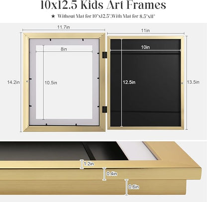 [2 Pack] Kids Art Frames, 10x12.5 Front Opening Kids Artwork Frames Changeable, Displays 8.5x11 With Mat and 10x12.5 Without Mat, Holds 50 Pcs, for 3D Picture, Crafts, Hanging Art, Portfolio Storage