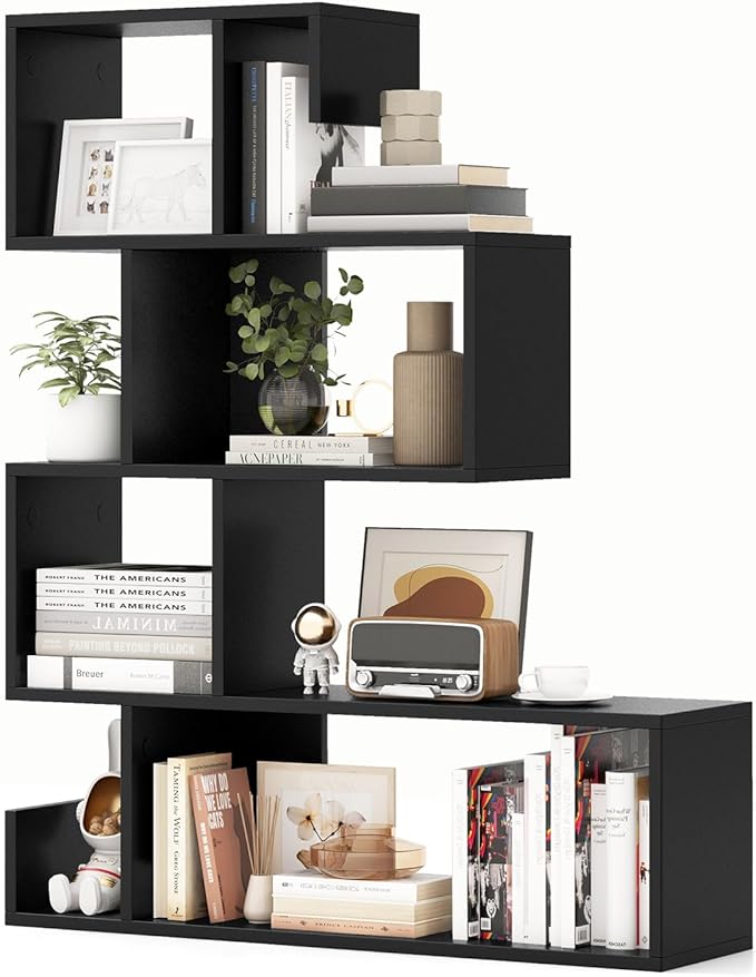 Giantex 5-Tier S-Shaped Bookshelf, Geometric Bookcase w/Open Cubes, Modern Decorative Display Shelf w/Anti-Toppling Kits, Freestanding Storage Rack for Living Room, Study, Home, Office, Black