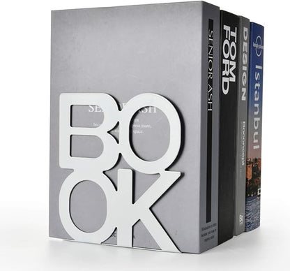 Book Ends - Decorative Metal Book Ends Supports for Bookrack Desk,Books, Unique Appearance Design,Heavy Duty (White)