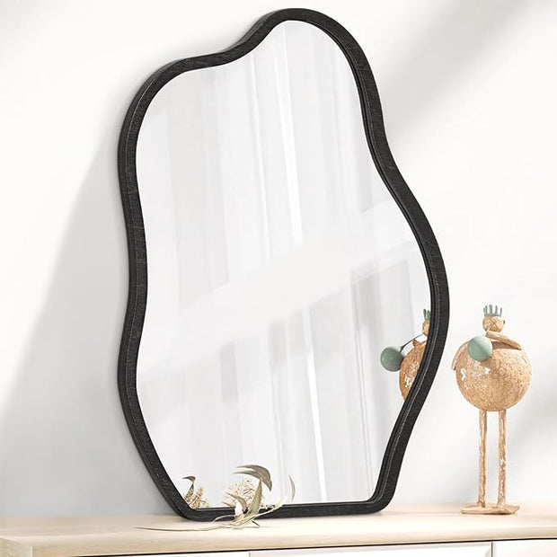 Asymmetrical Irregular Mirror for Wall Wooden Framed Hanging Wall Mirror Cloud Modern Unique Bathroom Wall Mirror Decorative Bedroom Living Room Entryway Hallway Artistic Hanging Mirror