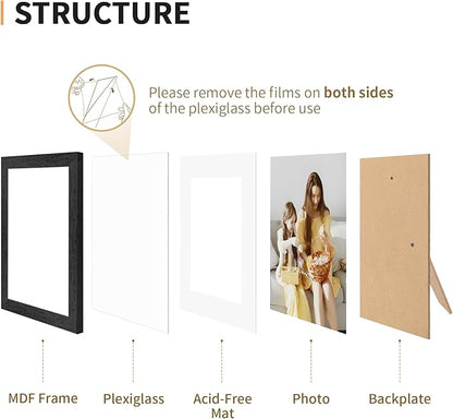 5x7 Picture Frame Set of 4, Displays 4x6 with Mat or 5x7 Without Mat, Photo Frames for Wall Hanging or Tabletop, Includes HD Plexiglass, Black