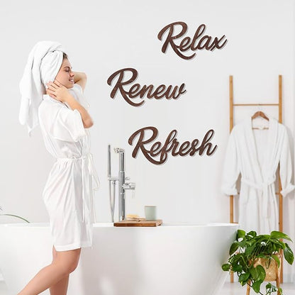 3 Pieces Bathroom Decor Wooden Bathroom Sign,Relax Renew Refresh Sign (Brown)