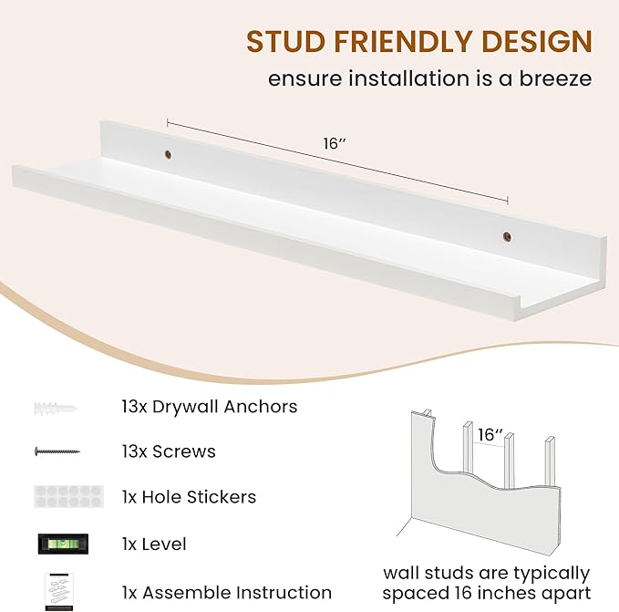 Axeman Picture Ledge Shelf, Floating Shelves for Wall Decor Storage Set of 6, 24 inch Floating Wall Mounted Shelves, Shelves with Lip for Living Room, Bedroom, Nursery, Bathroom, Kitchen, White