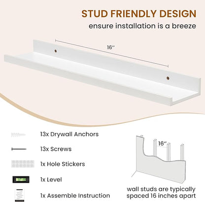 Axeman Picture Ledge Shelf, Floating Shelves for Wall Decor Storage Set of 6, 24 inch Floating Wall Mounted Shelves, Shelves with Lip for Living Room, Bedroom, Nursery, Bathroom, Kitchen, White
