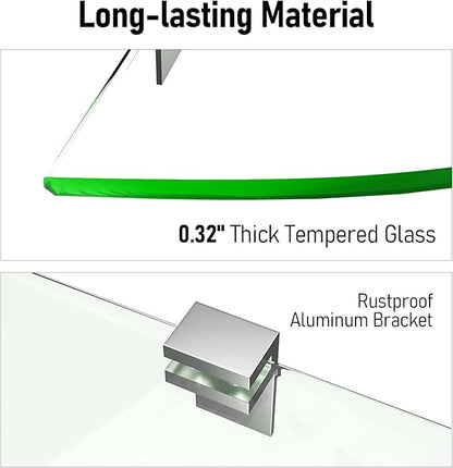 Tempered Glass Corner Shower Shelves for Inside Shower, 2-Pack No Drill Adhesive Bathroom Organizer, Rustproof Aluminum Brackets, Glass Shower Corner Shelf