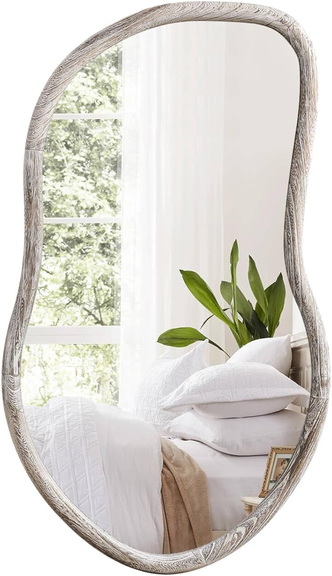 Asymmetrical Mirror Irregular Wall Mirror Farmhouse Wood Asymmetrical Mirrors for Wall Unique Art Mirrors for Bathroom Entryway Bedroom Living Room Rustic White