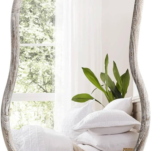 Asymmetrical Mirror Irregular Wall Mirror Farmhouse Wood Asymmetrical Mirrors for Wall Unique Art Mirrors for Bathroom Entryway Bedroom Living Room Rustic White