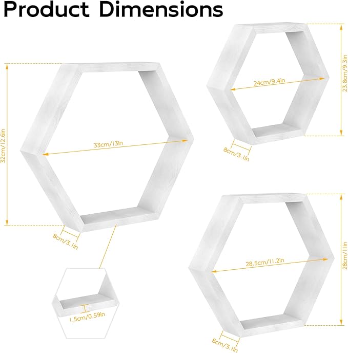CADUKE Hexagon Floating Shelves Set of 3, White Wooden Hexagon Shelves for Wall Decor, Modern Honeycomb Floating Hanging Shelf, Decorative Wall Organizer for Living Room, Bedroom, Bathroom