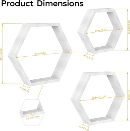 CADUKE Hexagon Floating Shelves Set of 3, White Wooden Hexagon Shelves for Wall Decor, Modern Honeycomb Floating Hanging Shelf, Decorative Wall Organizer for Living Room, Bedroom, Bathroom