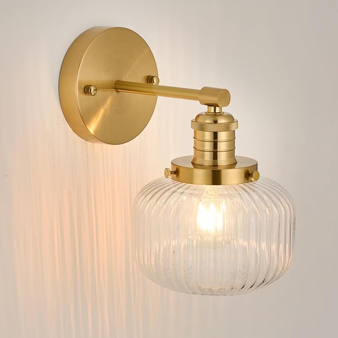 TERLEENART Hard Wired Vintage Wall Sconce with Clear Ribbed Glass Shade,Indoor 1-Light Wall Mounted Lamp for Bedroom Living Room Bathroom Hallway