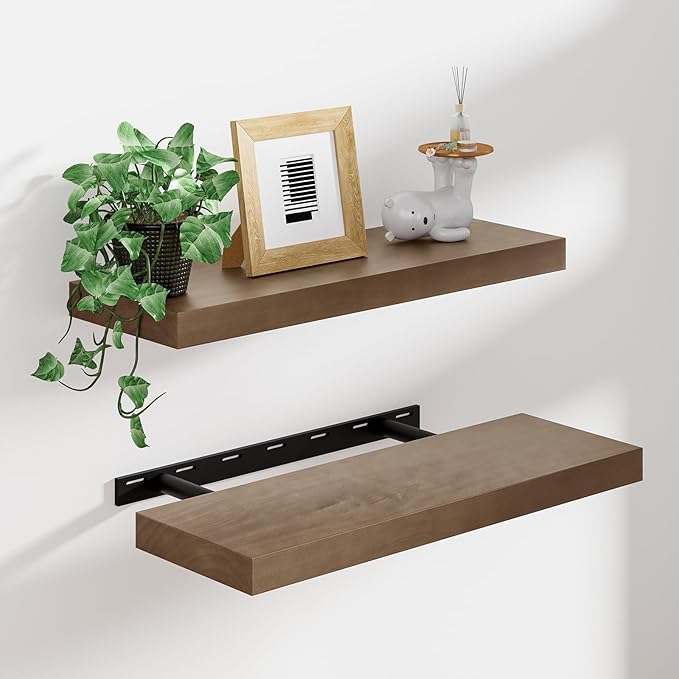 Heimlove 24 Inch Floating Shelves for Wall Walnut Shelves Set of 2,Wall Mounted Rustic Wood 8 Inch Deep Floating Shelf with Invisible Brackets for Bedroom Kitchen Living Room