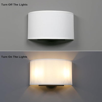 Yosoan 2-Light White Fabric Boho Wall Sconce Indoor Hallway Light Fixture, Dual Vintage Industrial Aged Hardwired Sconces Wall Lighting Semicircle Textile Shade for Bedroom Living Room Corridor Study