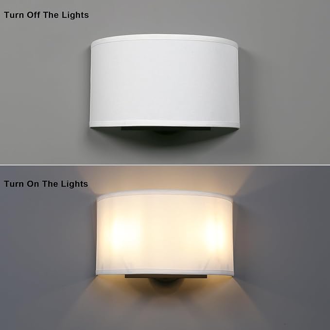 Yosoan 2-Light White Fabric Boho Wall Sconce Indoor Hallway Light Fixture, Dual Vintage Industrial Aged Hardwired Sconces Wall Lighting Semicircle Textile Shade for Bedroom Living Room Corridor Study