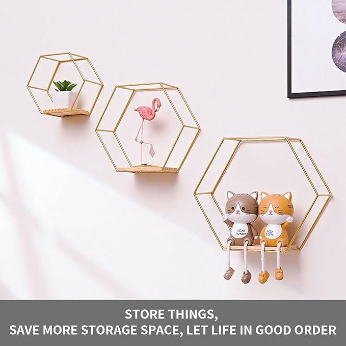 Wall Mounted Hexagonal Floating Shelves Set of 3 in Different Sizes, Modern Metal Wall Shelf, Simple Wood Partition Storage Shelves, Decor Rack for Bedroom, Living Room, Kitchen and Office