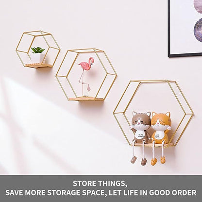 Wall Mounted Hexagonal Floating Shelves Set of 3 in Different Sizes, Modern Metal Wall Shelf, Simple Wood Partition Storage Shelves, Decor Rack for Bedroom, Living Room, Kitchen and Office
