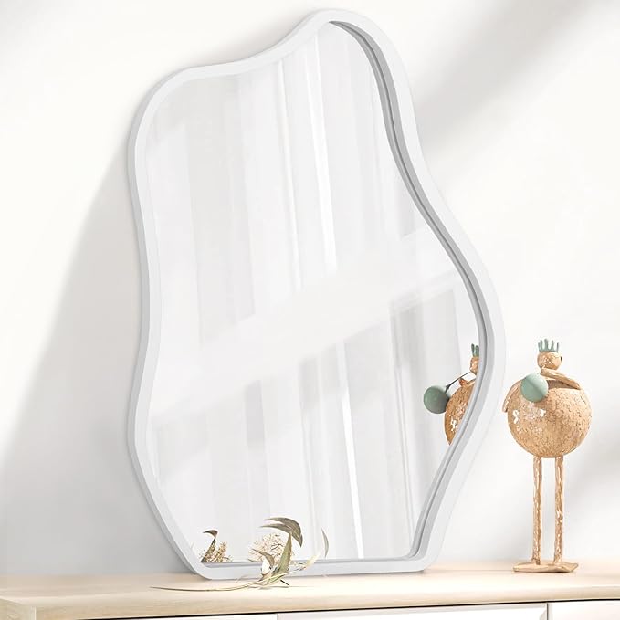 Wood Frame Hanging Mirror Asymmetrical Irregular Wall Mirror Unique Shape Modern Mirror Artistic Cloud Decorative Mirror for Living Room Bedroom Vanity Bathroom Entryway Hallway White
