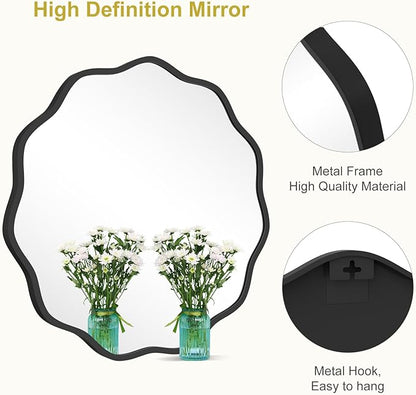 WallBeyond Round Wavy Mirror for Wall Decorative 24 inch, Modern Round Mirror Aluminum Frame for Bathroom Bedroom Living Room Home House Office Entryway, Black