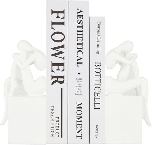 White Book Ends Decorative, Girl Thinker Design, Modern Bookends for Shelves, Non-Skid Heavy Duty Resin Book Stopper for Books, Bookends with Base, Resin, 1Pair/2Piece