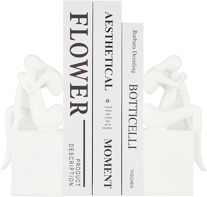 White Book Ends Decorative, Girl Thinker Design, Modern Bookends for Shelves, Non-Skid Heavy Duty Resin Book Stopper for Books, Bookends with Base, Resin, 1Pair/2Piece