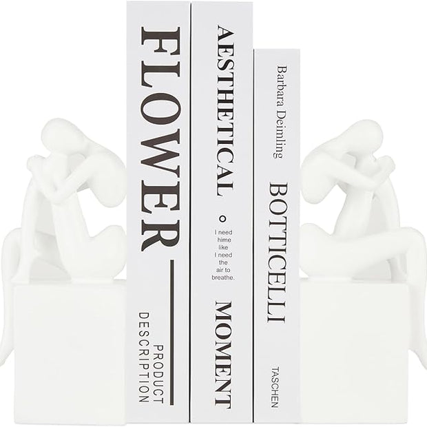 White Book Ends Decorative, Girl Thinker Design, Modern Bookends for Shelves, Non-Skid Heavy Duty Resin Book Stopper for Books, Bookends with Base, Resin, 1Pair/2Piece