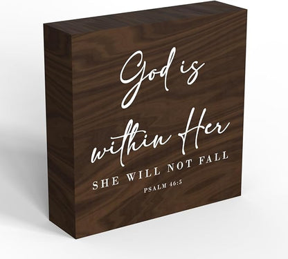 God Is Within Her Bible Verse Artwork Wooden Box Sign Rustic Farmhouse Style Psalm 46:5 Christian Wood Block Plaque 5x5 Inches Home Office Desk Decor for Gifts