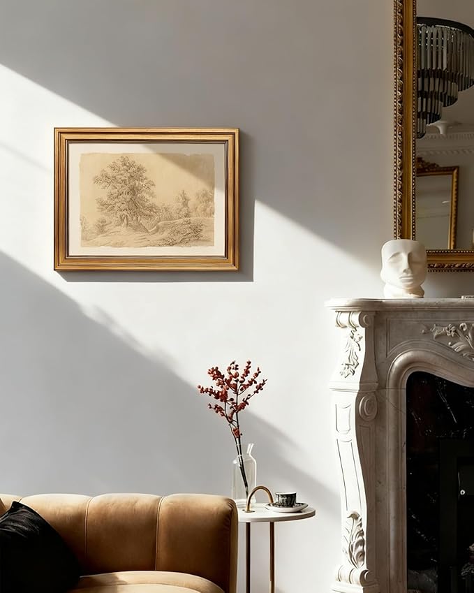 VIYYIEA Gold Framed Art Prints,12x16Inch, Sketch Landscape Vintage Art Painting, Rustic Sepia-toned Decor for Library Dining Study Room Shelf, Country Canvas Picture