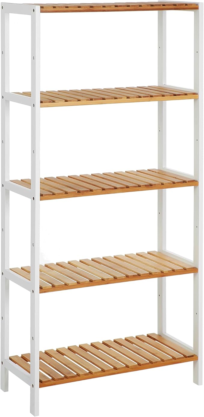SONGMICS Bamboo Storage Shelf, 5-Tier Shelving Unit, Multifunctional, in The Entryway, Bathroom, Living Room, Balcony, Kitchen, 10.2 x 23.6 x 51.2 Inches, Cloud White and Light Bamboo UBCB35WN