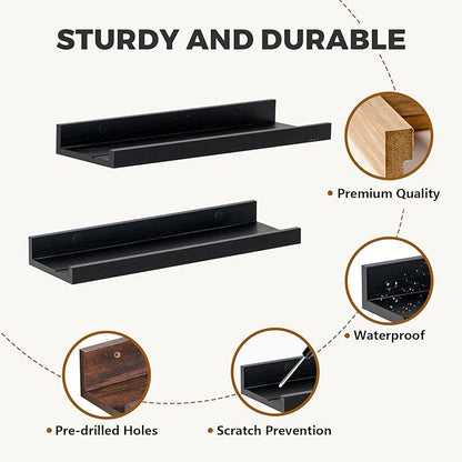 Muzilife 16" Floating Wall Ledge Shelves with Lip - Set of 2 Wood Floating Shelves - Widened Black Wall Mounted Picture Ledge for Office, Bathroom, Bedroom, Living Room, Kitchen