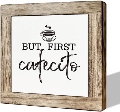 But First Cafecito Sign - Wooden Coffee Decor for Home & Office, Funny for Coffee Lovers