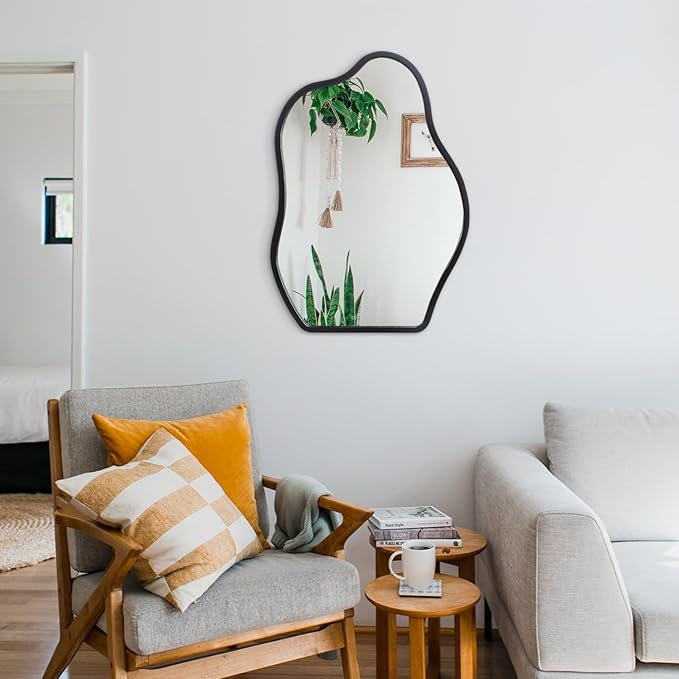 Wall Mirror Irregular Wavy Mirror Modern Wood Frame Mirror Unique Shape Asymmetrical Wall Vanity Artistic Mirror Decor for Living Room Bedroom Bathroom Entryway Hallway Black Large