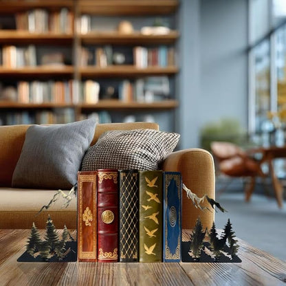 Vintage Gold Mountain Bookends – Hand-Painted Metal Forest Book Ends for Shelves, Rustic Cabin Decor Book Holders, Heavy Duty Book Stoppers with Golden Mountain & Pine Trees Design