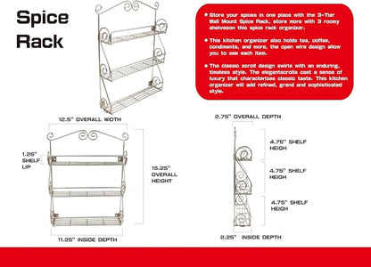 FitWell Scroll Wall Mount Spice Rack, 3-Tier, Traditional Spice Rack Cabinet & Kitchen, Beauty & Nail Polish Organizer for Bathroom, Scroll Wall-Mounted (Satin Nickel)