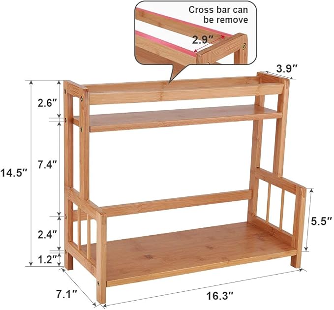 Ufine 2 Tier Bamboo Spice Rack Organizer Kitchen Countertop Storage Shelf Free Standing Holder Under Cabinet Bathroom for Various Bottles, Jars, Space Saving