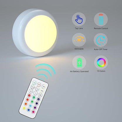 Battery Operated LED Puck Lights with Wireless Remote, 13 Color RGB - for Closet, Bedroom Wall, Under Cabinet, Battery Powered Push Lights. Convenient 3M Stick On(White, 3-Packs)