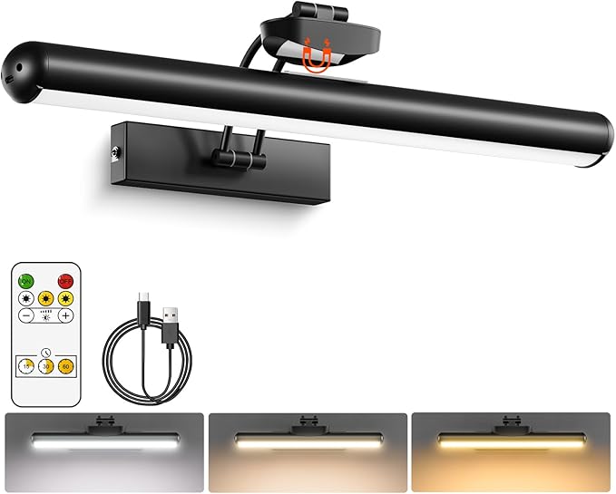 Picture Light for Wall with Remote, Wireless Battery Operated Wall Lights with 3 Colors Dimmable & Timer, 12.6
