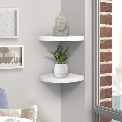 AHDECOR Wood Corner Shelves White, Durable Floating Corner Shelf for Organizing and Displaying Décor in Any Room, Set of 2