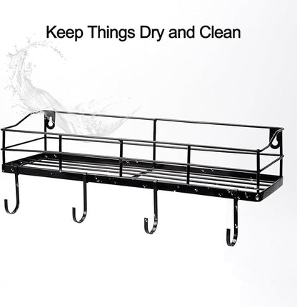 Lyeasw Black Floating Shelves Wall Mounted with 8 Removable Hanging Hooks, 15-Inch Adhesive Shower Shelf Organizer for Bathroom Kitchen Storage Rack, Set of 2