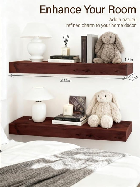 Solid Wood Floating Shelves,23.6in Finished Real Wood Wall Shelves with Heavy-Duty Hidden Bracket, Easy Installation, Set of 2, 23.6in x 7.1in x 1.5in, for Living Room Bedroom Kitchen,Walnut